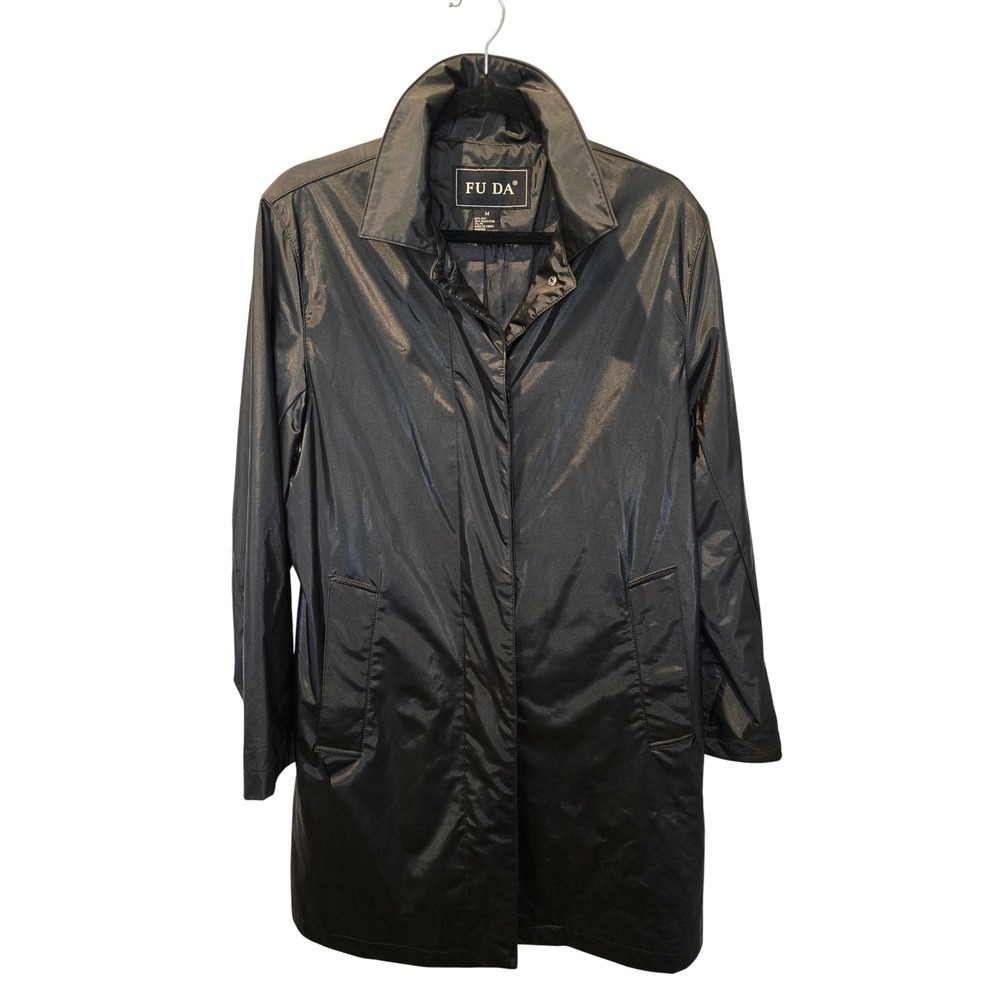 Fu Da Womens Black‎ shiny Raincoat Mid Length Faux Leather Snap Front Jacket M